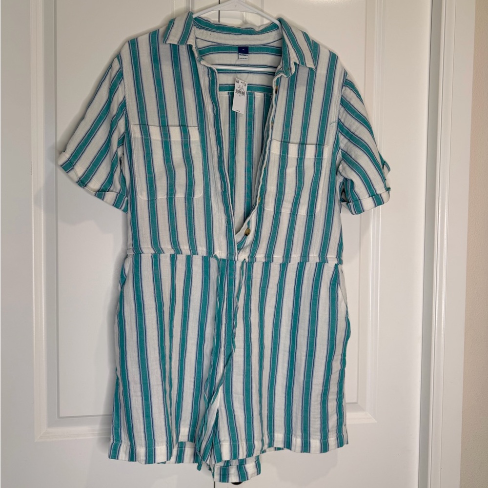 Old Navy 100% Cotton Striped Short Sleeve Button-Up Romper Medium
